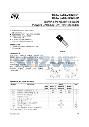 BD678A datasheet - COMPLEMENTARY SILICON POWER DARLINGTON TRANSISTORS