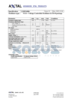 AXHV6006 datasheet - VCO - Voltage Controlled Oscillator in TO-8 package