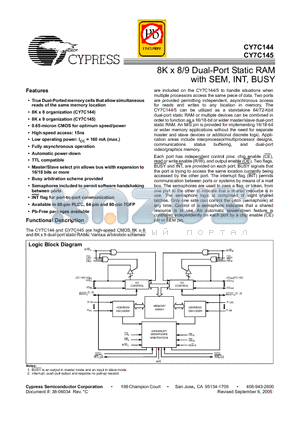 CY7C144-25AC datasheet - 8K x 8/9 Dual-Port Static RAM with SEM, INT, BUSY