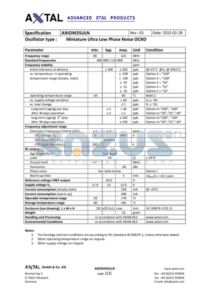 AXIOM35ULN datasheet - Miniature Ultra Low Phase Noise OCXO