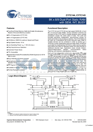 CY7C144-25JC datasheet - 8K x 8/9 Dual-Port Static RAM with SEM, INT, BUSY