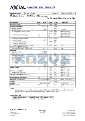 AXIOM10S datasheet - OCXO in SMD package for Stratum III and Stratum IIIe