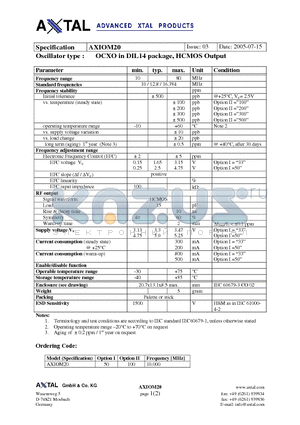 AXIOM20 datasheet - OCXO in DIL14 package, HCMOS Output