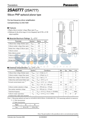 2SA777 datasheet - For low-frequency driver amplification Complementary