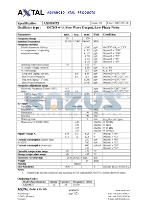 AXIOM75 datasheet - OCXO with Sine Wave Output, Low Phase Noise