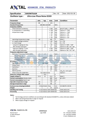 AXIOM75ULN datasheet - UltraLow Phase Noise OCXO