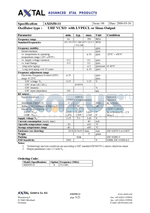 AXIS50-11 datasheet - UHF VCXO with LVPECL or Sinus Output