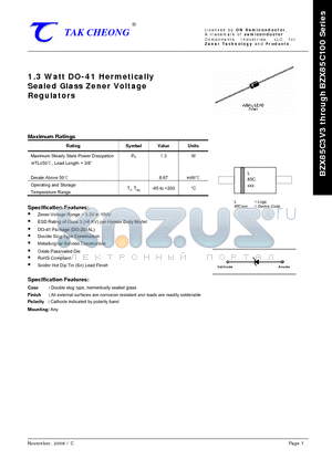 BZX85C11 datasheet - 1.3 Watt DO-41 Hermetically Sealed Glass Zener Voltage Regulators