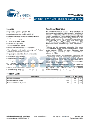 CY7C1440AV33-167AXC datasheet - 36-Mbit (1 M  36) Pipelined Sync SRAM