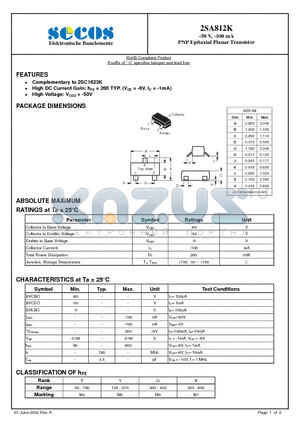 2SA812K datasheet - PNP Epitaxial Planar Transistor
