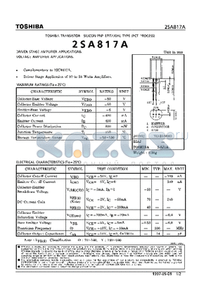 2SA817A datasheet - TRANSISTOR (DRIVER STAGE, VOLTAGE AMPLIFIER APPLICATIONS)