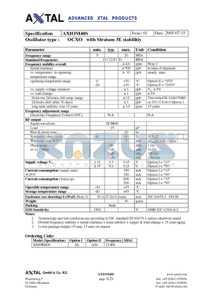 AXIOM40S datasheet - OCXO with Stratum 3E stabilitiy