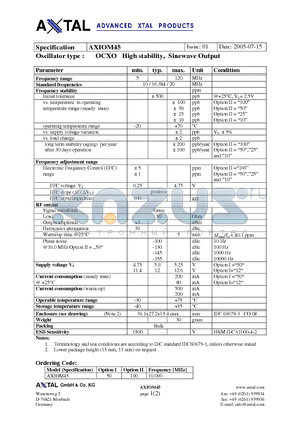 AXIOM45 datasheet - OCXO High stability, Sinewave Output