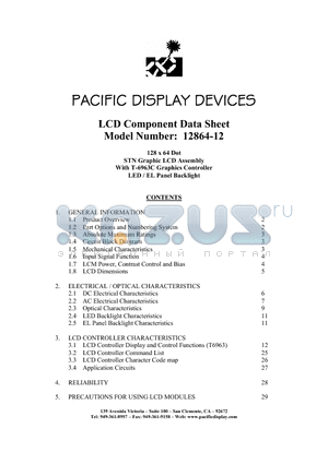 12864-12-SL-M-ST-ELED datasheet - 128 x 64 Dot STN Graphic LCD Assembly With T-6963C Graphics Controller LED / EL Panel Backlight