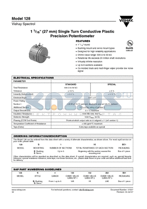 128B11KBO1 datasheet - 1 1/16 (27 mm) Single Turn Conductive Plastic Precision Potentiometer