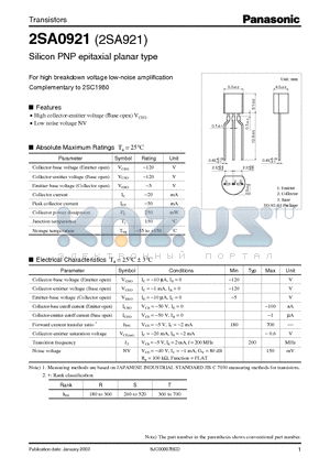 2SA921 datasheet - For high breakdown voltage low-noise amplification Complementary