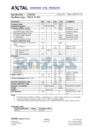 AXIS20 datasheet - PECL VCXO