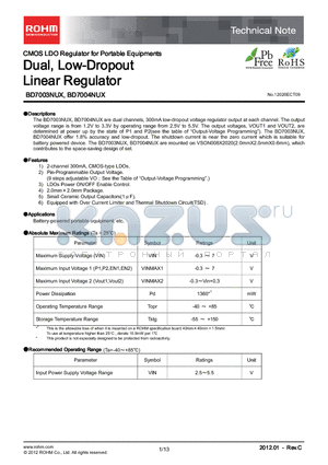 BD7004NUX datasheet - CMOS LDO Regulator for Portable Equipments Dual, Low-Dropout Linear Regulator