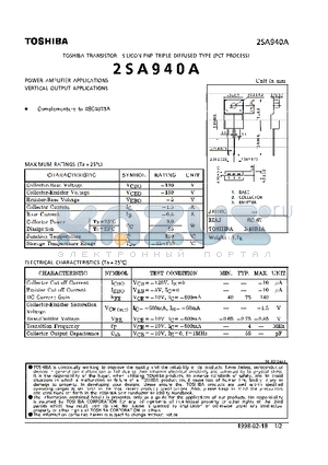 2SA940A datasheet - TRANSISTOR (POWER AMPLIFIER, VERTICAL OUTPUT APPLICATIONS)