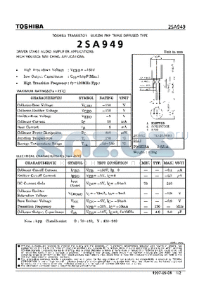 2SA949 datasheet - TRANSISTOR (DRIVER STAGE AUDIO AMPLIFIER, HIGH VOLTAGE SWITCHING APPLICATIONS)