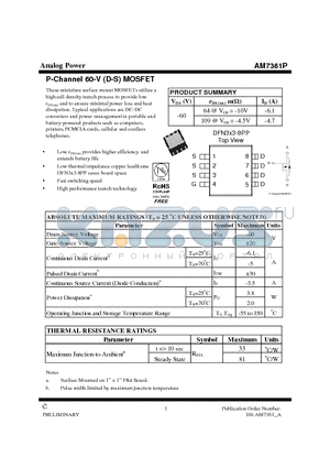 AM7361P datasheet - P-Channel 60-V (D-S) MOSFET