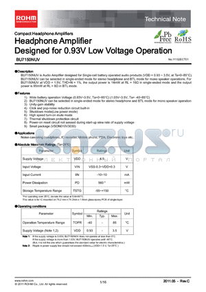 BD7150NUV-E2 datasheet - Headphone Amplifier Designed for 0.93V Low Voltage Operation