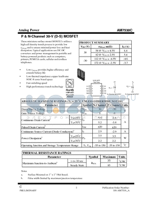 AM7530C datasheet - P & N-Channel 30-V (D-S) MOSFET
