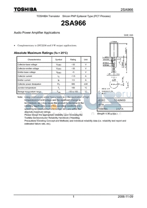 2SA966 datasheet - Audio Power Amplifier Applications