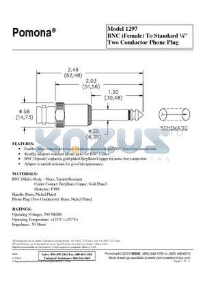 1297 datasheet - BNC (Female) To Standard l Two Conductor Phone Plug