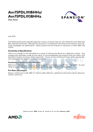 AM75PDL191BHHA70I datasheet - 128 Megabit (8 M x 16-Bit) CMOS 3.0 Volt-only, Simultaneous Read/Write Flash Memory