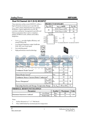 AM7920N datasheet - Dual N-Channel 20-V (D-S) MOSFET