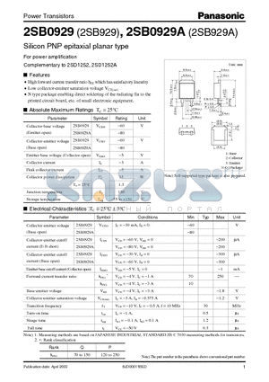 2SB0929A datasheet - For Power Amplification