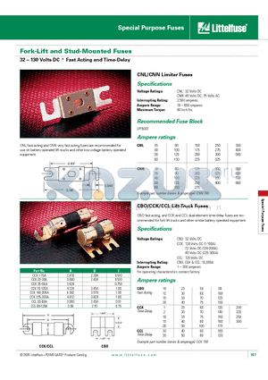 CCK1-15A datasheet - Fork-Lift and Stud-Mounted Fuses 32 - 130 Volts DC  Fast Acting and Time-Delay