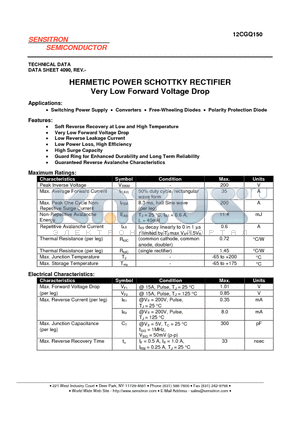 12CGQ150 datasheet - HERMETIC POWER SCHOTTKY RECTIFIER