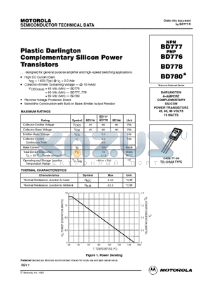 BD778 datasheet - Plastic Darlington Complementary Silicon Power Transistors