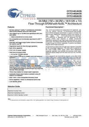 CY7C1461AV25-100AXI datasheet - 36-Mbit (1M x 36/2M x 18/512K x 72) Flow-Through SRAM with NoBL Architecture