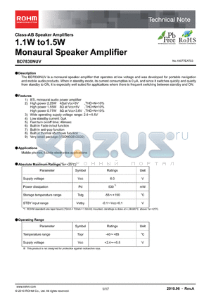BD7830NUV datasheet - 1.1W to1.5W Monaural Speaker Amplifier