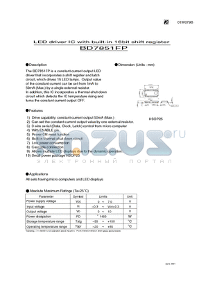 BD7851FP datasheet - LED driver IC with built-in 16bit shift register