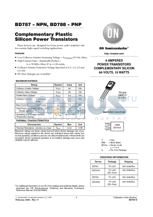 BD788 datasheet - Complementary Plastic Silicon Power Transistors