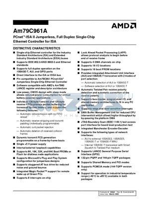 AM79C961AVCW datasheet - PCnet-ISA II Jumperless, Full Duplex Single-Chip Ethernet Controller for ISA