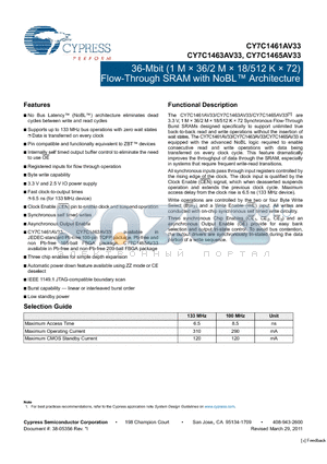 CY7C1461AV33-133AXC datasheet - 36-Mbit (1 M x 36/2 M x 18/512 k x 72) Flow-Through SRAM with NoBL Architecture