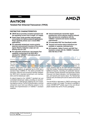 AM79C98 datasheet - Twisted-Pair Ethernet Transceiver (TPEX)