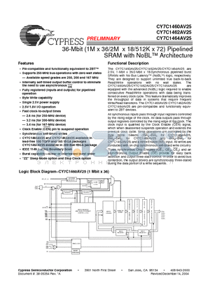 CY7C1462AV25-250 datasheet - 36-Mbit (1M x 36/2M x 18/512K x 72) Pipelined SRAM with NoBL Architecture