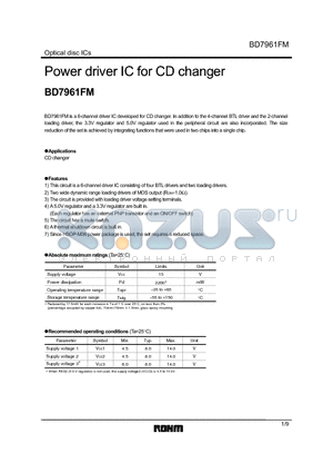 BD7961FM datasheet - Power driver IC for CD changer