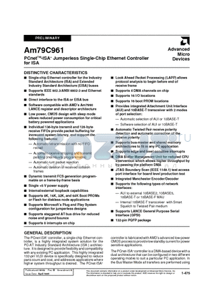 AM79C961 datasheet - PCnetTM-ISA Jumperless Single-Chip Ethernet Controller for ISA
