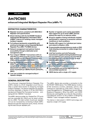 AM79C985 datasheet - enhanced Integrated Multiport Repeater Plus (eIMR)