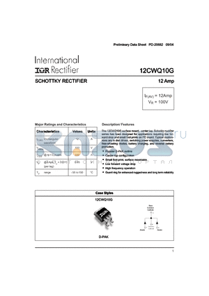 12CWQ10G datasheet - The 12CWQ10G surface mount, center tap, Schottky rectifier series has been designed for applications requiring low for forward
