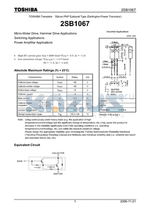 2SB1067 datasheet - Silicon PNP Epitaxial Type (Darlington Power Transistor)