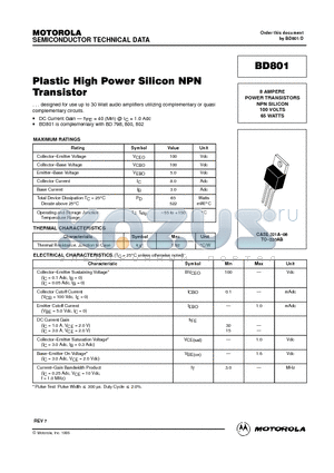 BD801 datasheet - Plastic High Power Silicon NPN Transistor