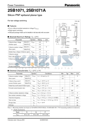 2SB1071 datasheet - Silicon PNP epitaxial planar type